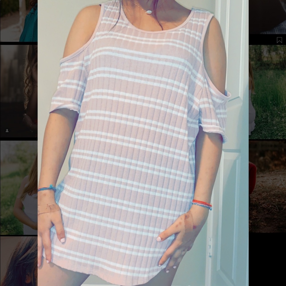 CUTE BABY PINK STRIPED COLD SHOULDER